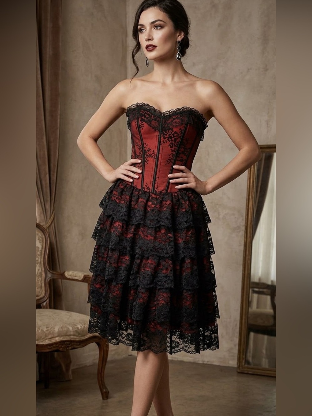 Red and Black Lace Strapless Midi Corset Dress